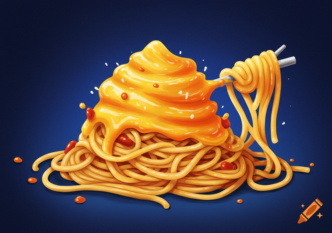 An illustration of a large pile of spaghetti noodles covered in thick yellow sauce, with some noodles on a fork.