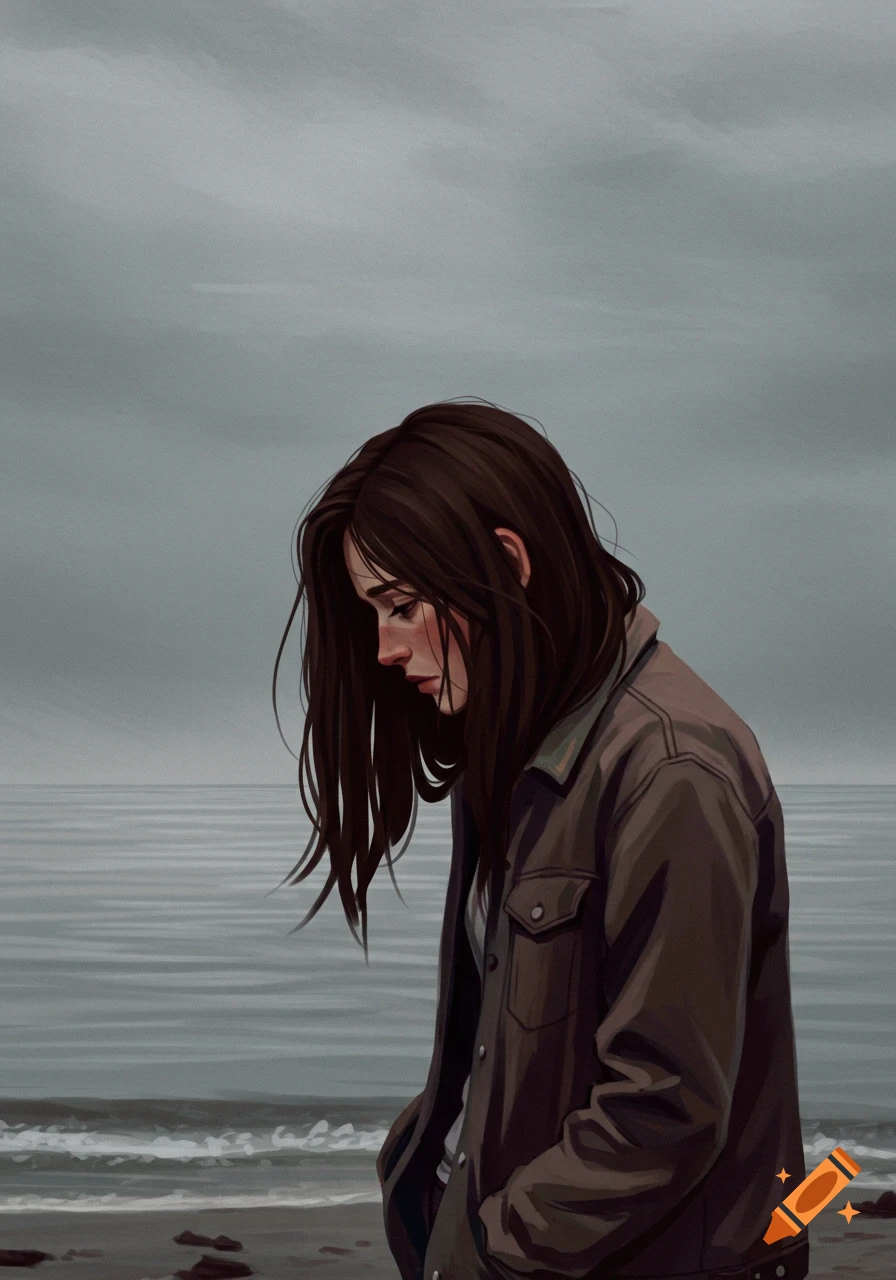Illustration of a sad person in a jacket looking down on a grey beach