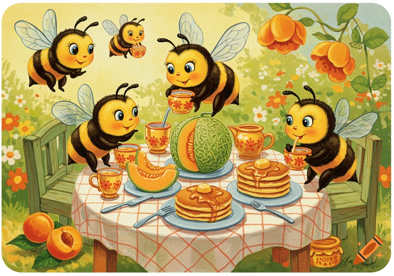 A 1950s children's book illustration of cartoon bees having a picnic with pancakes, cantaloupe, and apricots.