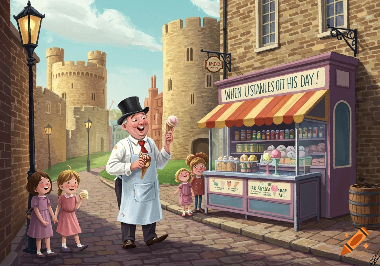 Illustrative scene of an ice cream vendor with children outside a shop near a castle.