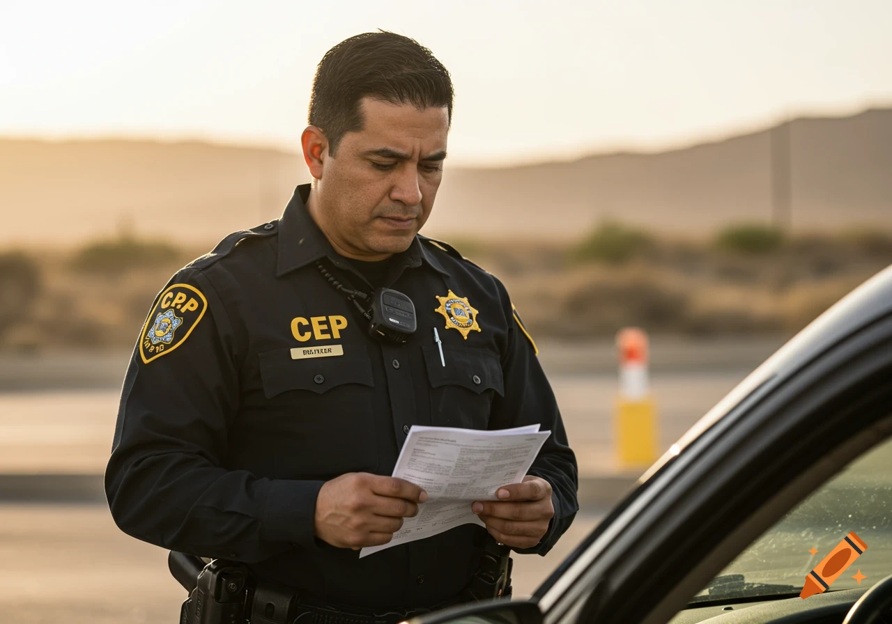 A law enforcement officer in uniform reads a document near a car outdoors.