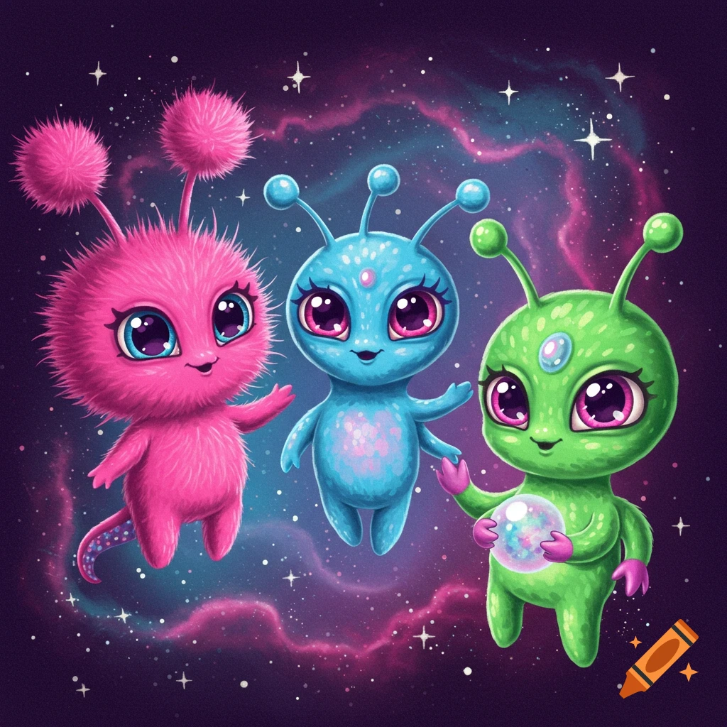 Three cute pink, blue, and green aliens float in space among stars and nebulae.