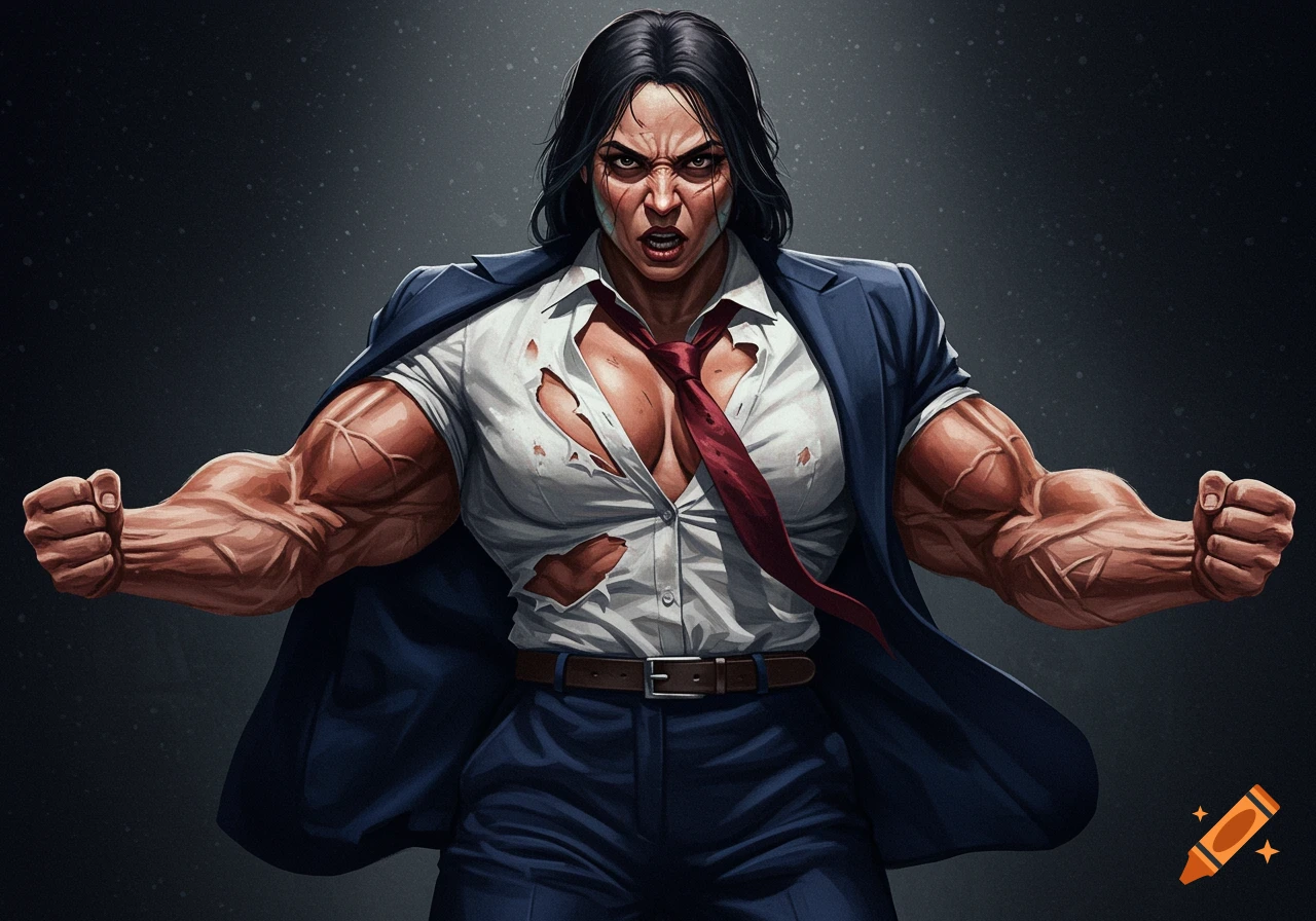 A muscular woman in a torn white shirt and blue suit appears to be transforming, looking angry.