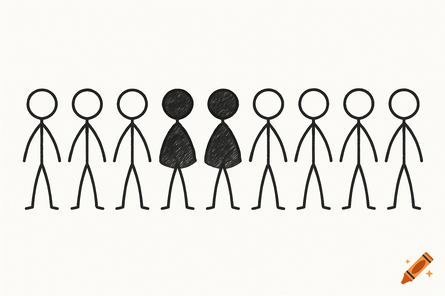 A row of 10 stick figures, two in the middle are shaded black.