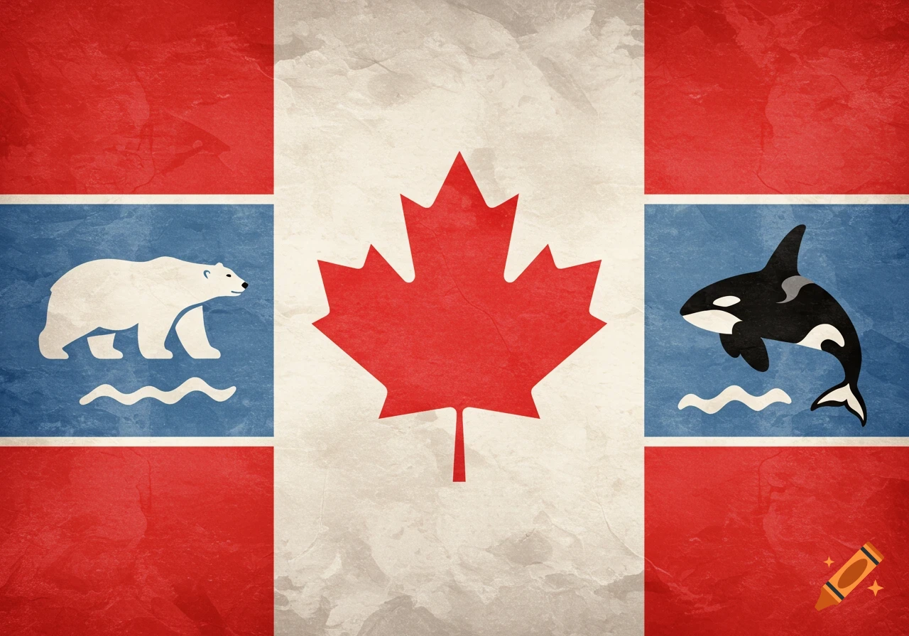 Vintage style Canadian flag design with maple leaf, polar bear, and orca on blue stripes