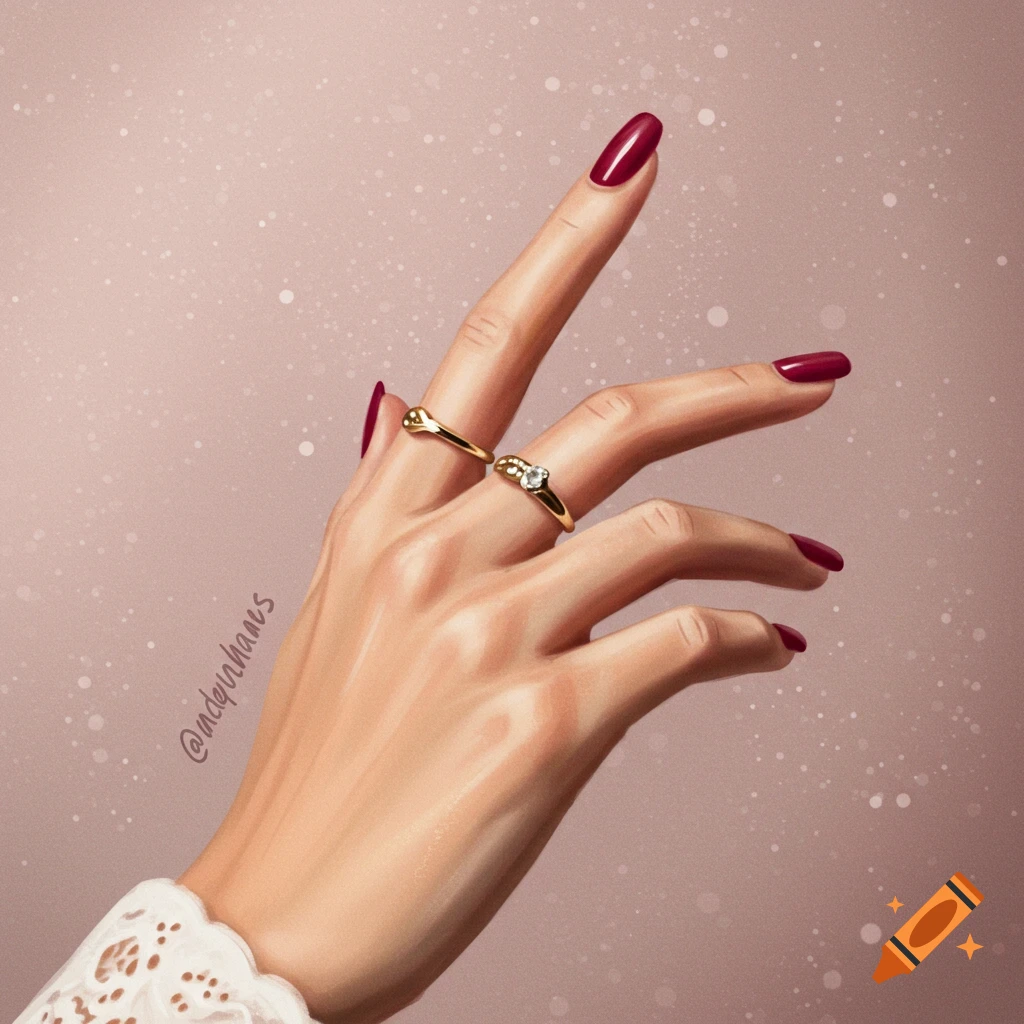 Illustrated hand with red nail polish and gold rings against a pink background