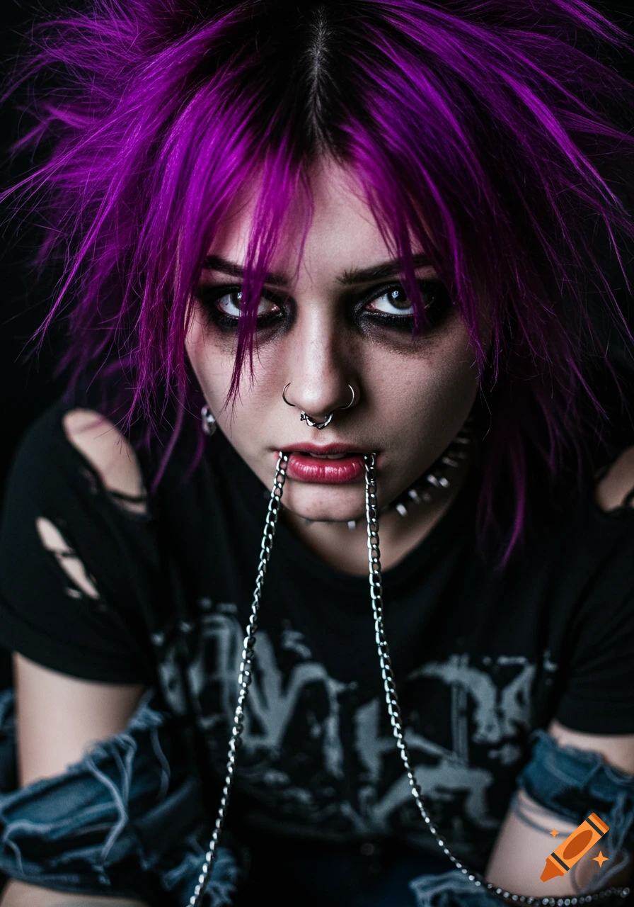 Close-up portrait of a person with messy purple hair, dark makeup, piercings, and chains in their mouth in a grunge style.