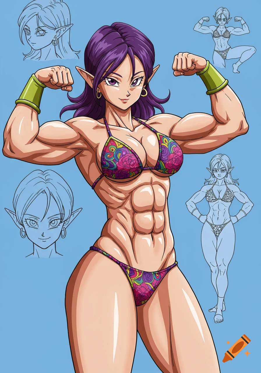 Muscular anime woman flexing in a bikini, model sheet style