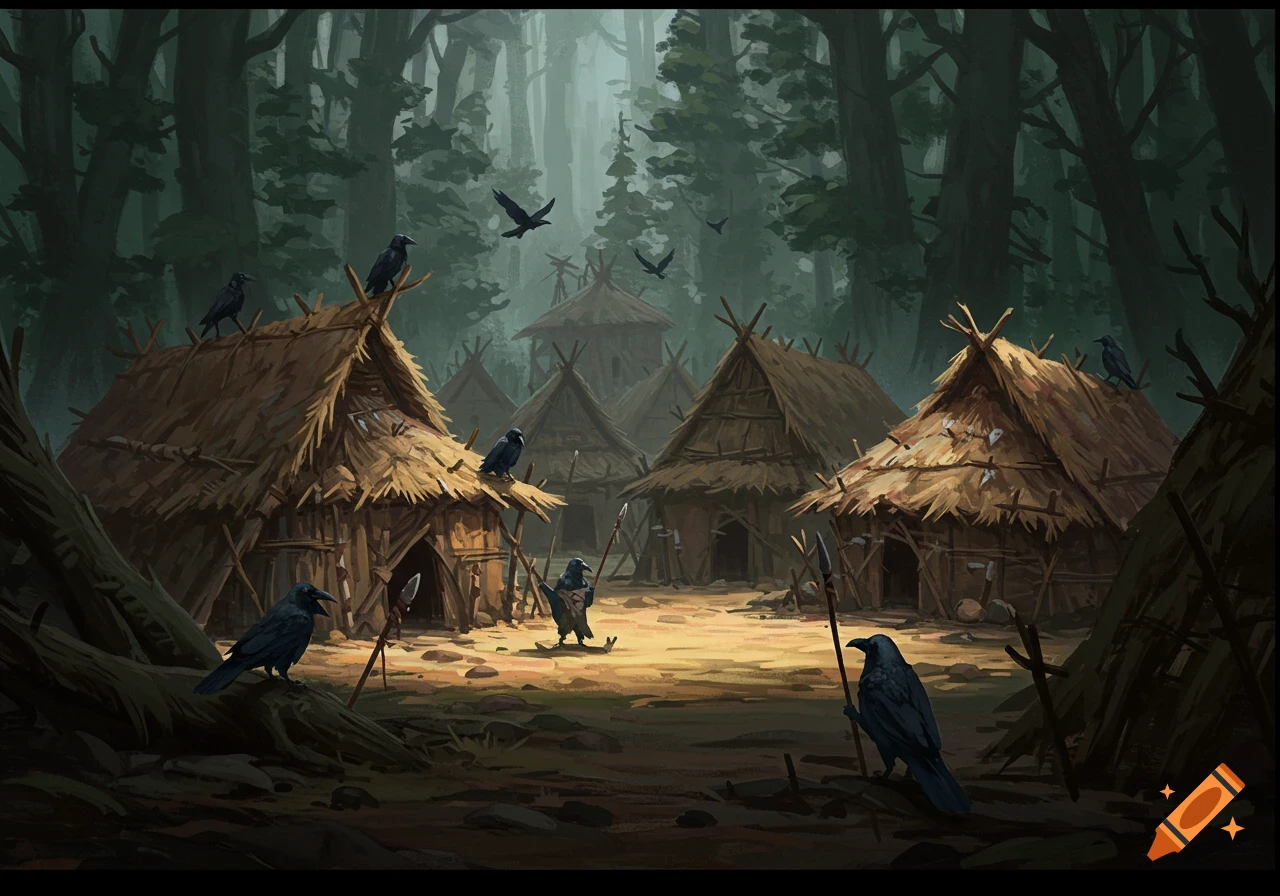 Illustration of a crow village in a dark forest with crows holding spears.