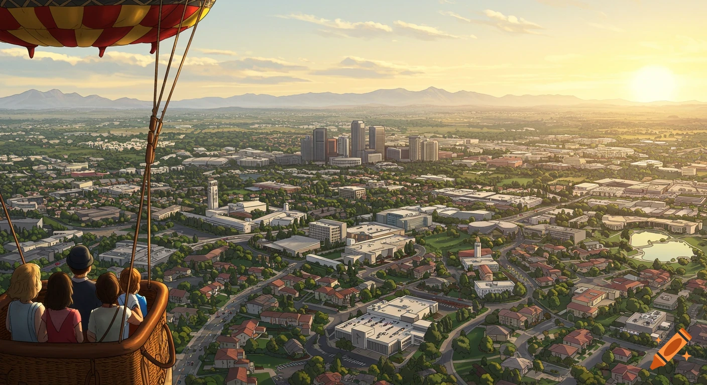 View of a city and landscape from a hot air balloon at sunset.