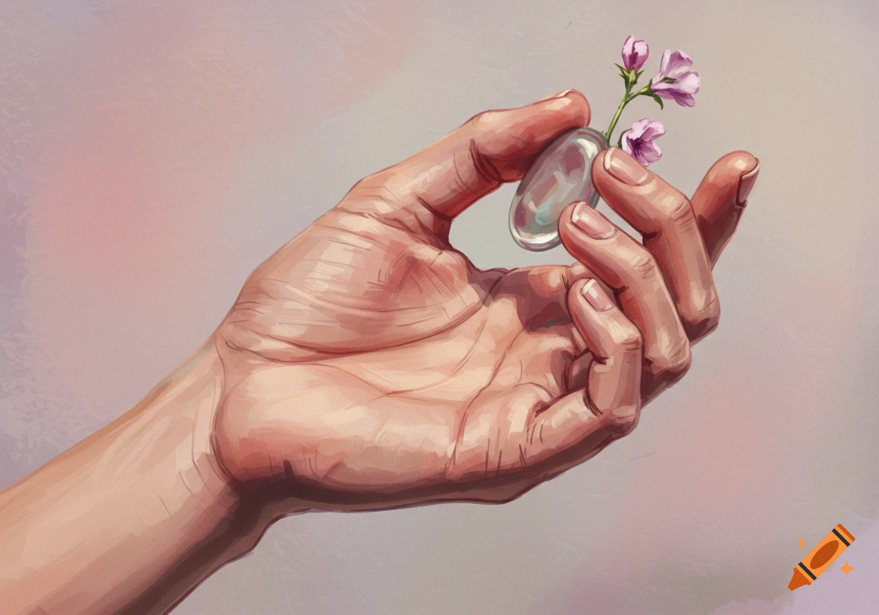 Illustrated hand holding a small translucent object with pink flowers
