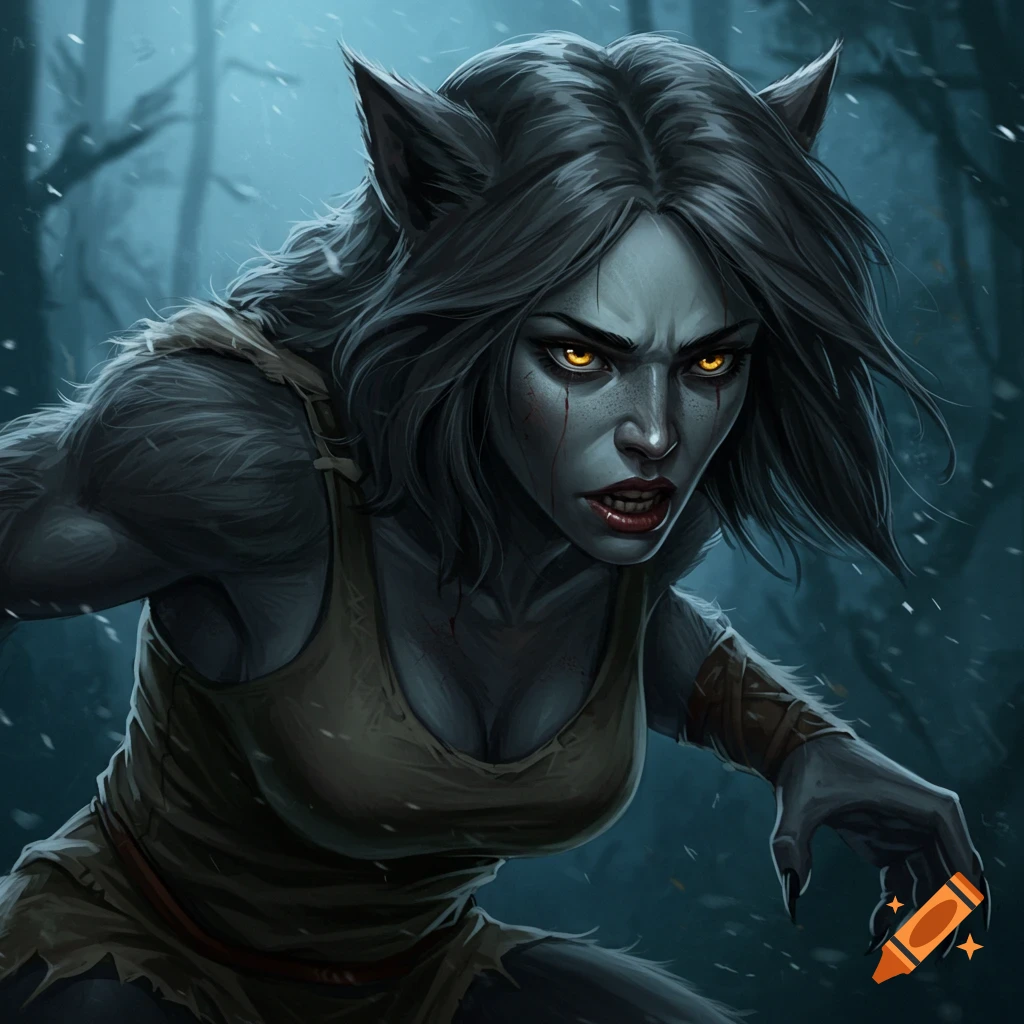 Female werewolf with glowing eyes and bared fangs in a dark forest.