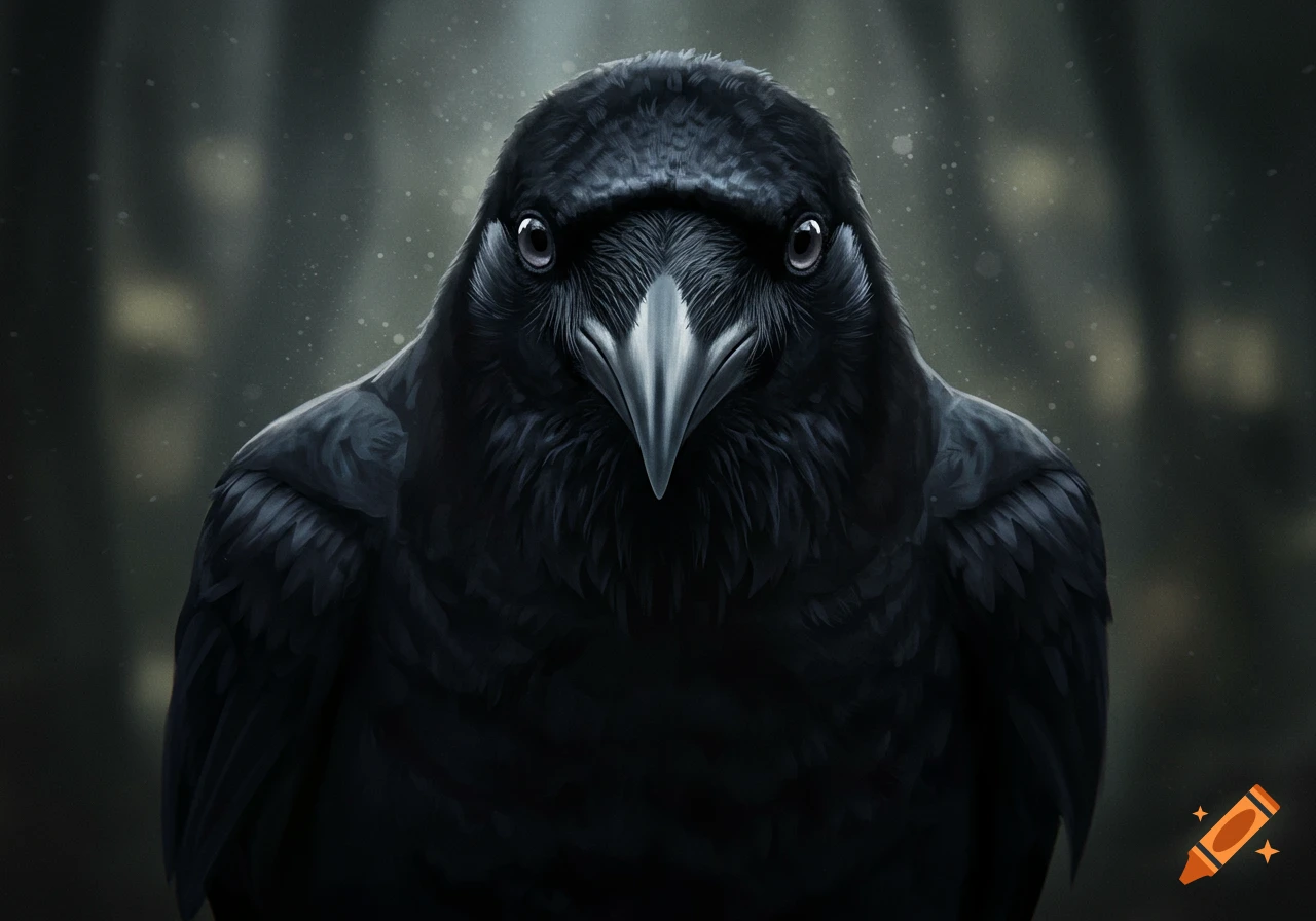 A close-up, head-on view of a realistic black crow looking directly at the viewer.