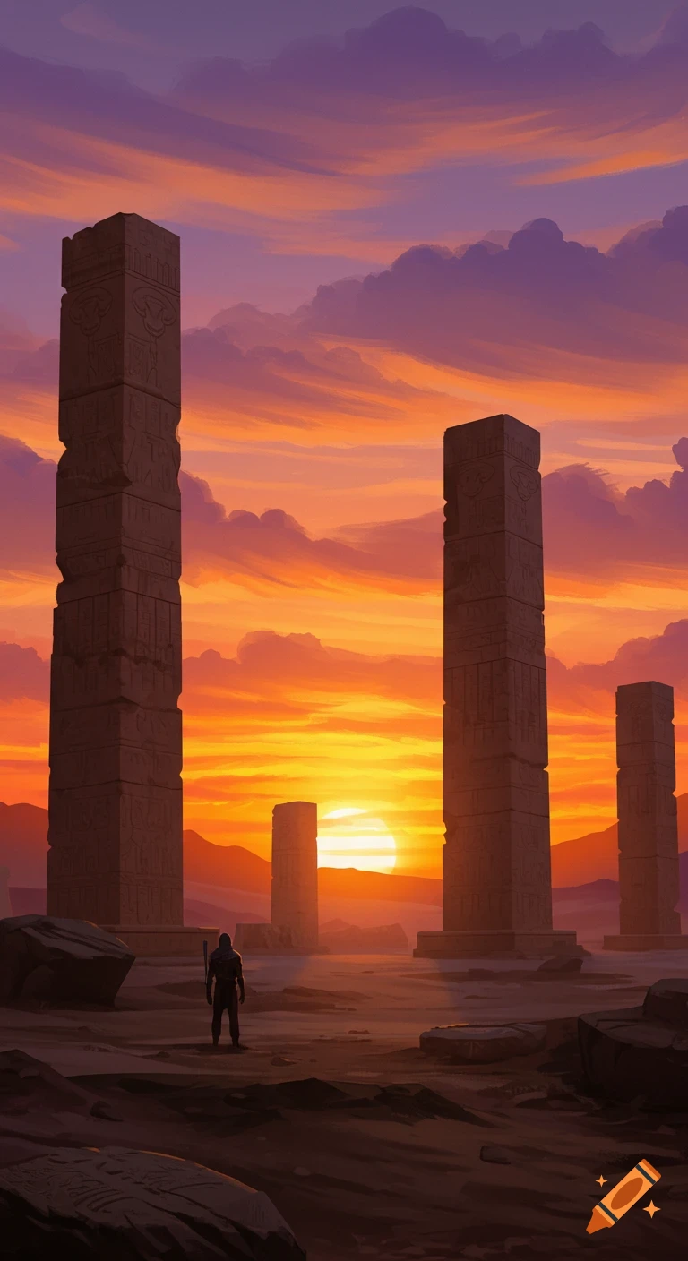 Figure stands before carved pillars in a desert at sunset.