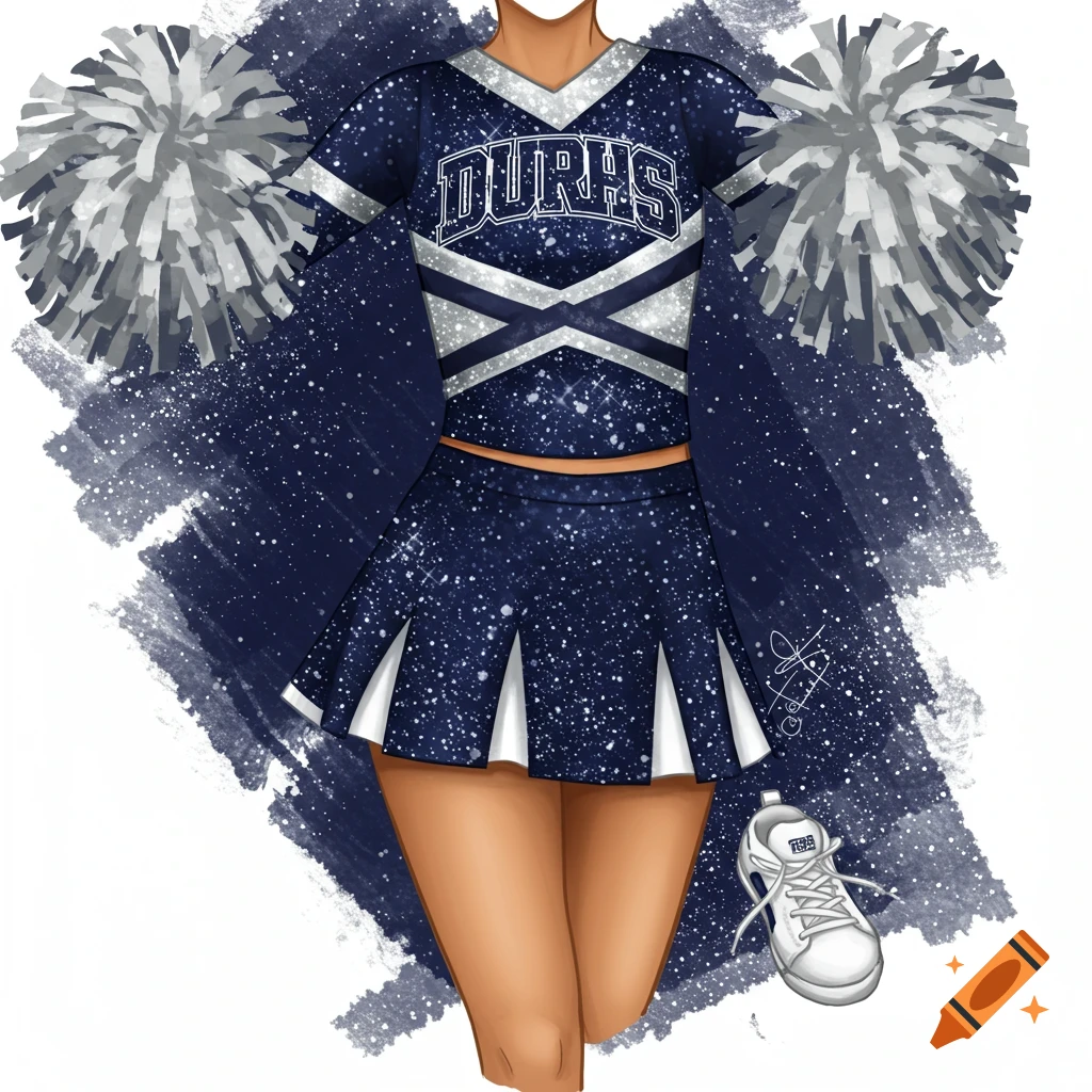 Illustration of a navy blue and silver cheerleading uniform with pom-poms and a white shoe
