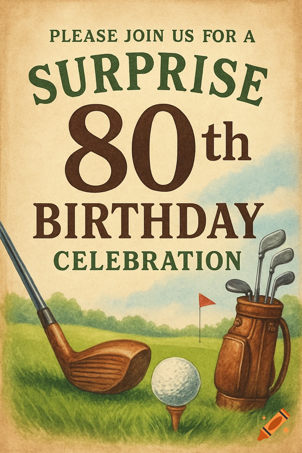 Illustration of a golf-themed 80th birthday invitation.