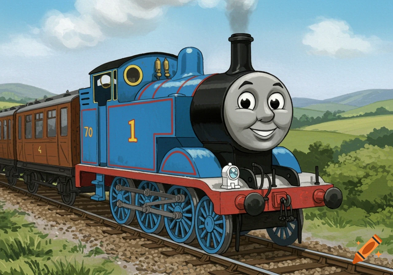 Illustration of Thomas the Tank Engine pulling a carriage through a green landscape.