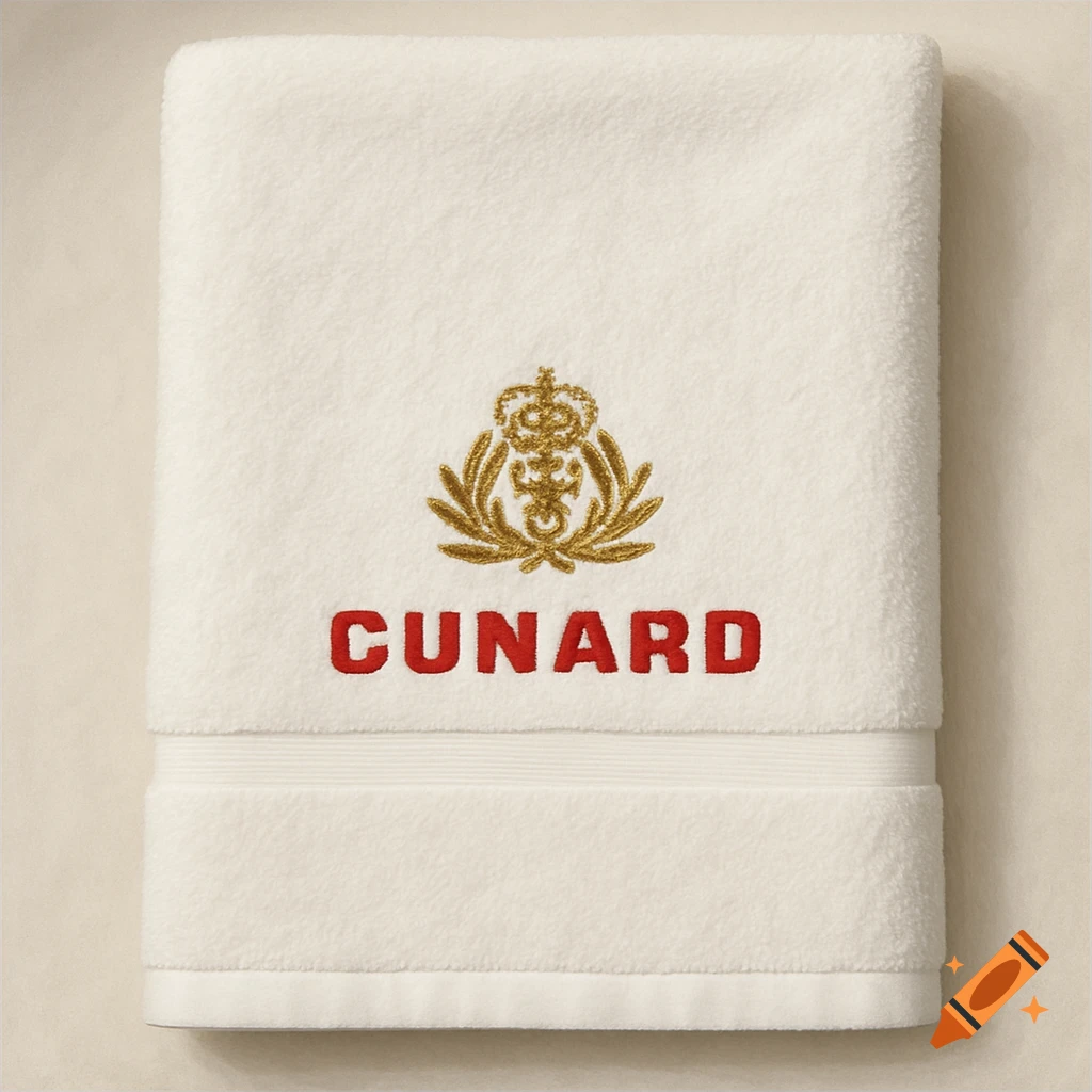 White towel with a gold embroidered logo and the word CUNARD in red