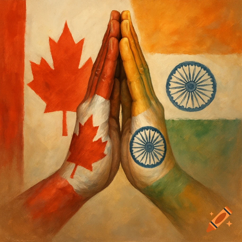 Two hands painted with Canadian and Indian flags clasped together, with flag backgrounds, in a painting style.