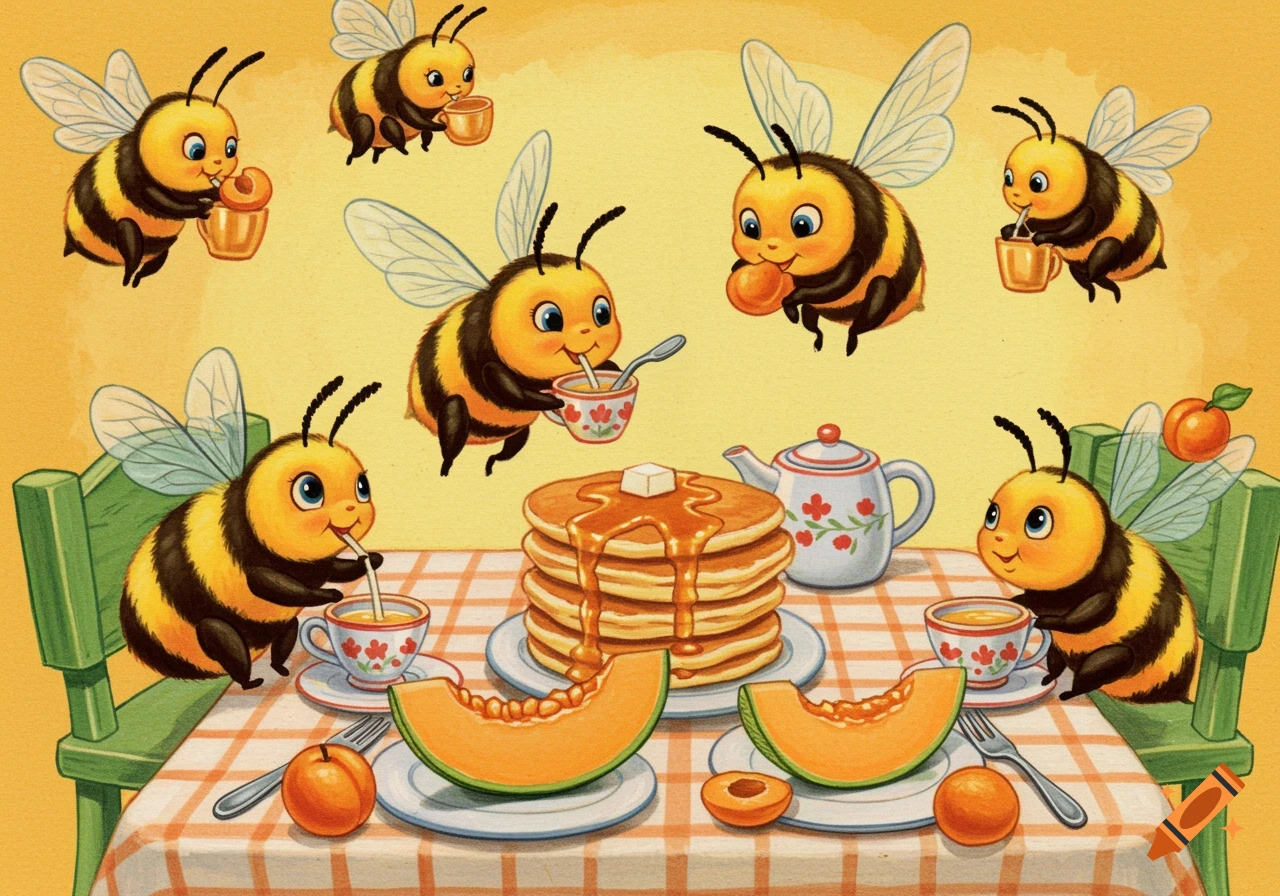Children's storybook illustration of anthropomorphic bees eating pancakes, cantaloupe, and apricots around a table.