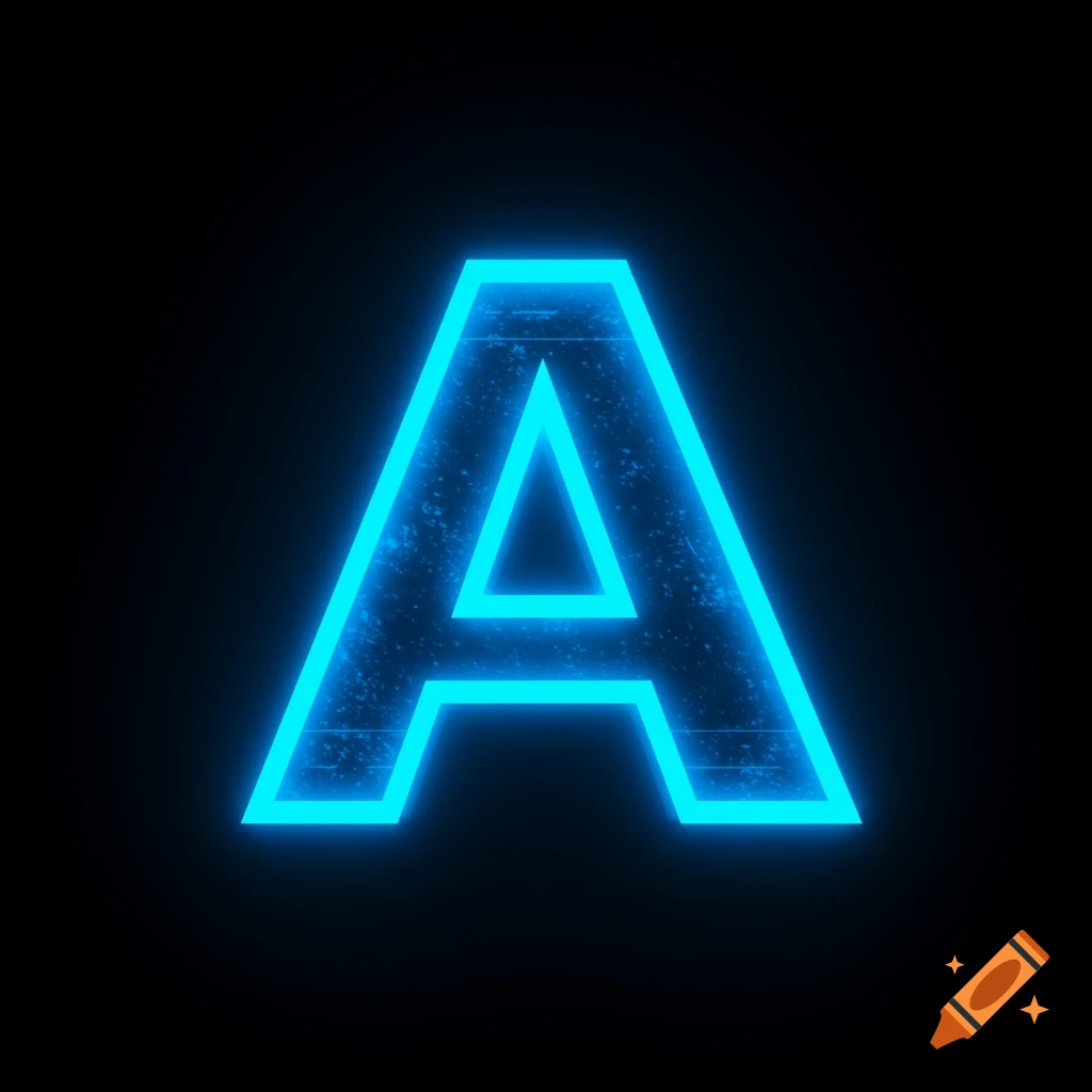 Glowing blue letter A on black background