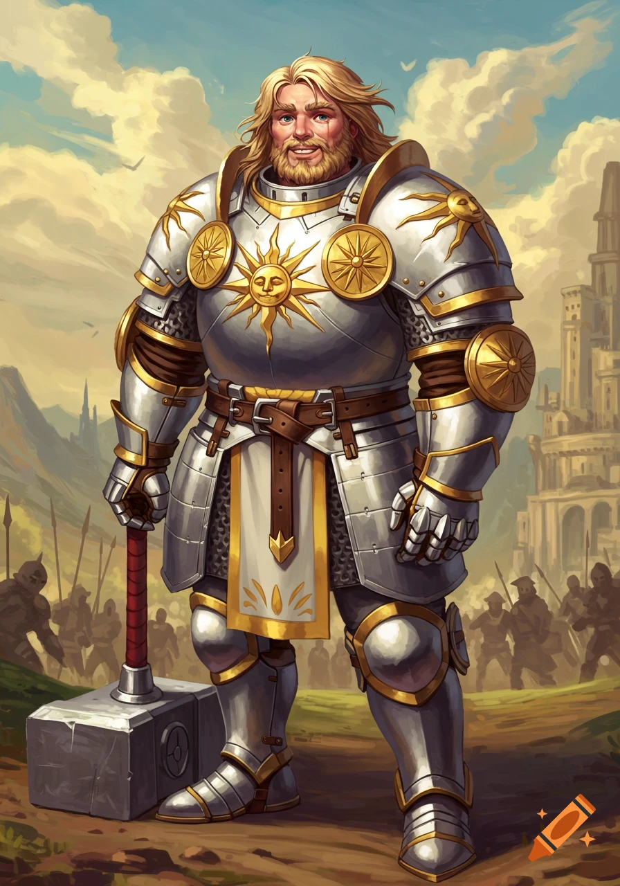 A blonde male paladin in ornate armor stands holding a large hammer in a fantasy landscape with soldiers and a city.