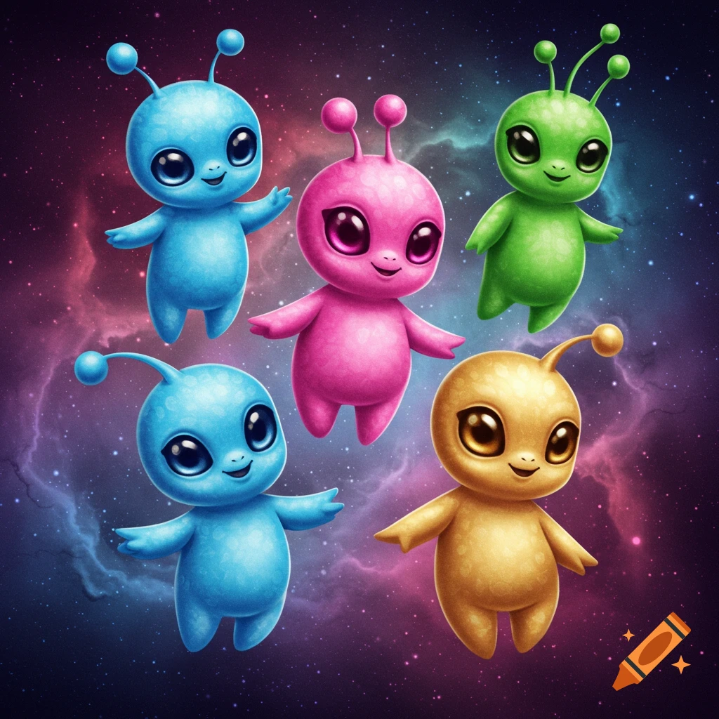 Cute blue, pink, green, and gold aliens float in space.