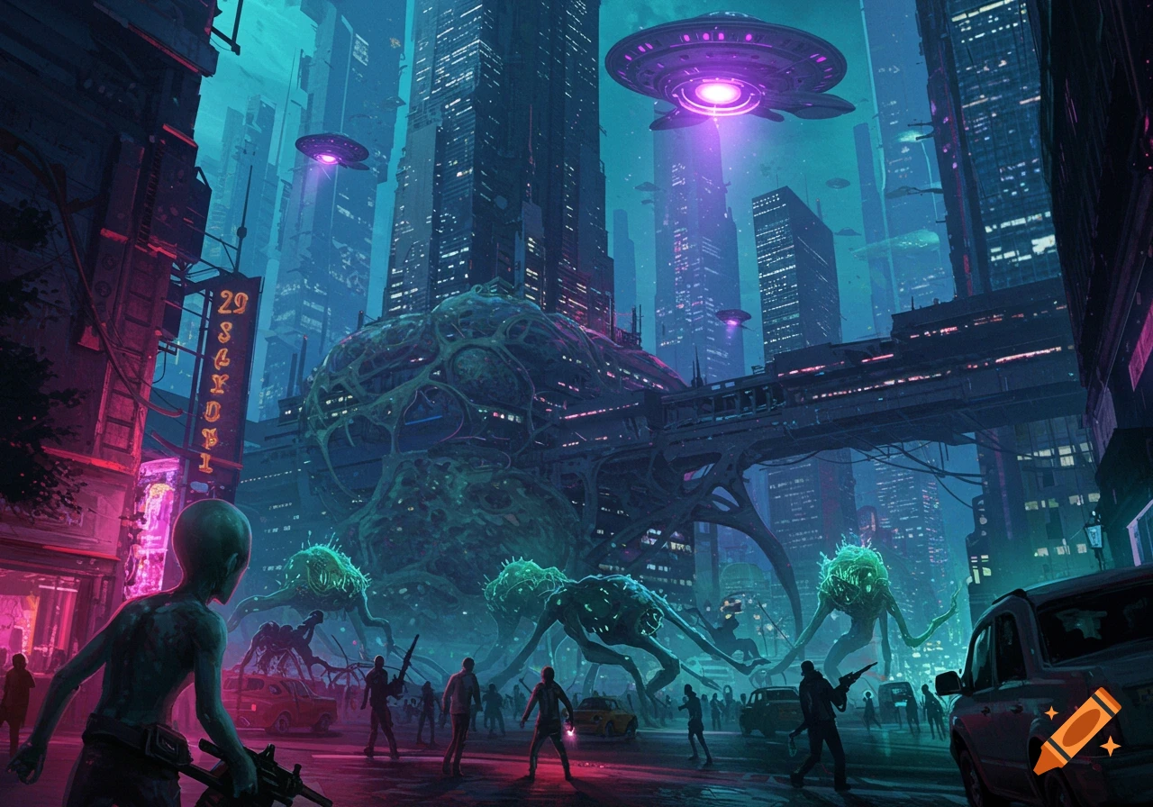 An alien invasion unfolds in a futuristic city at night, with UFOs, monstrous creatures, and humans battling on the street.