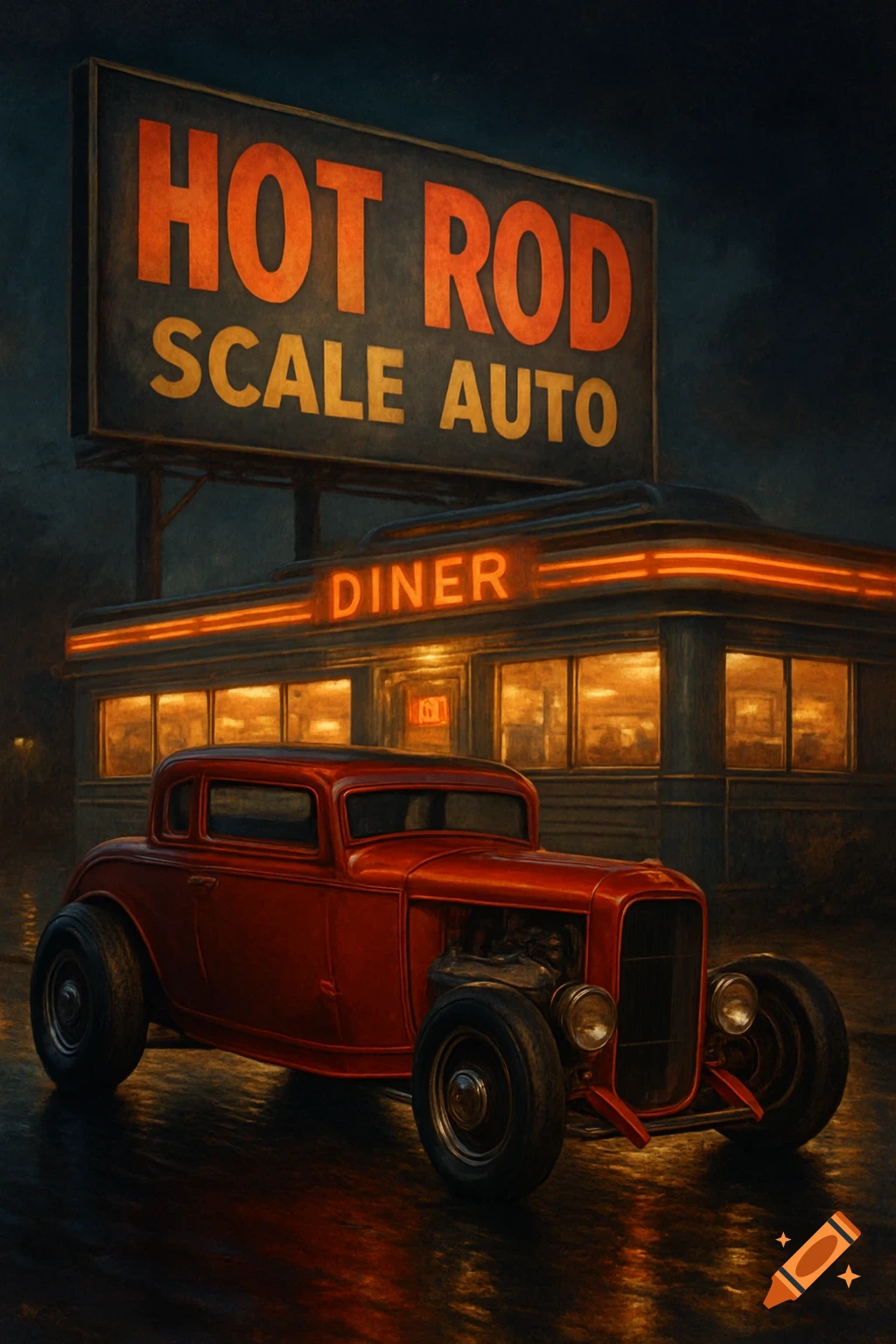 Red hot rod parked in front of a diner at night on a wet road, illustration.