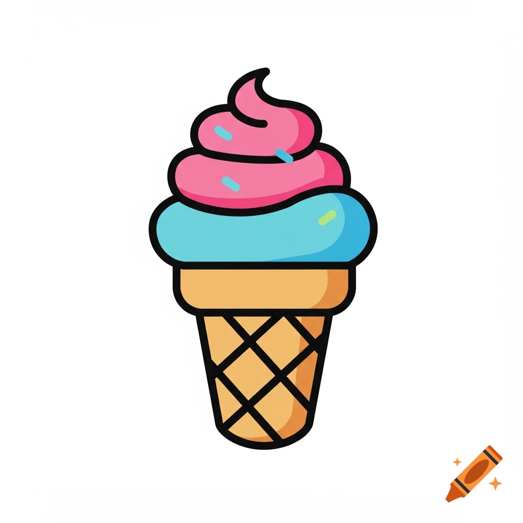 Cartoon ice cream cone with pink and blue scoops in a waffle cone on ...