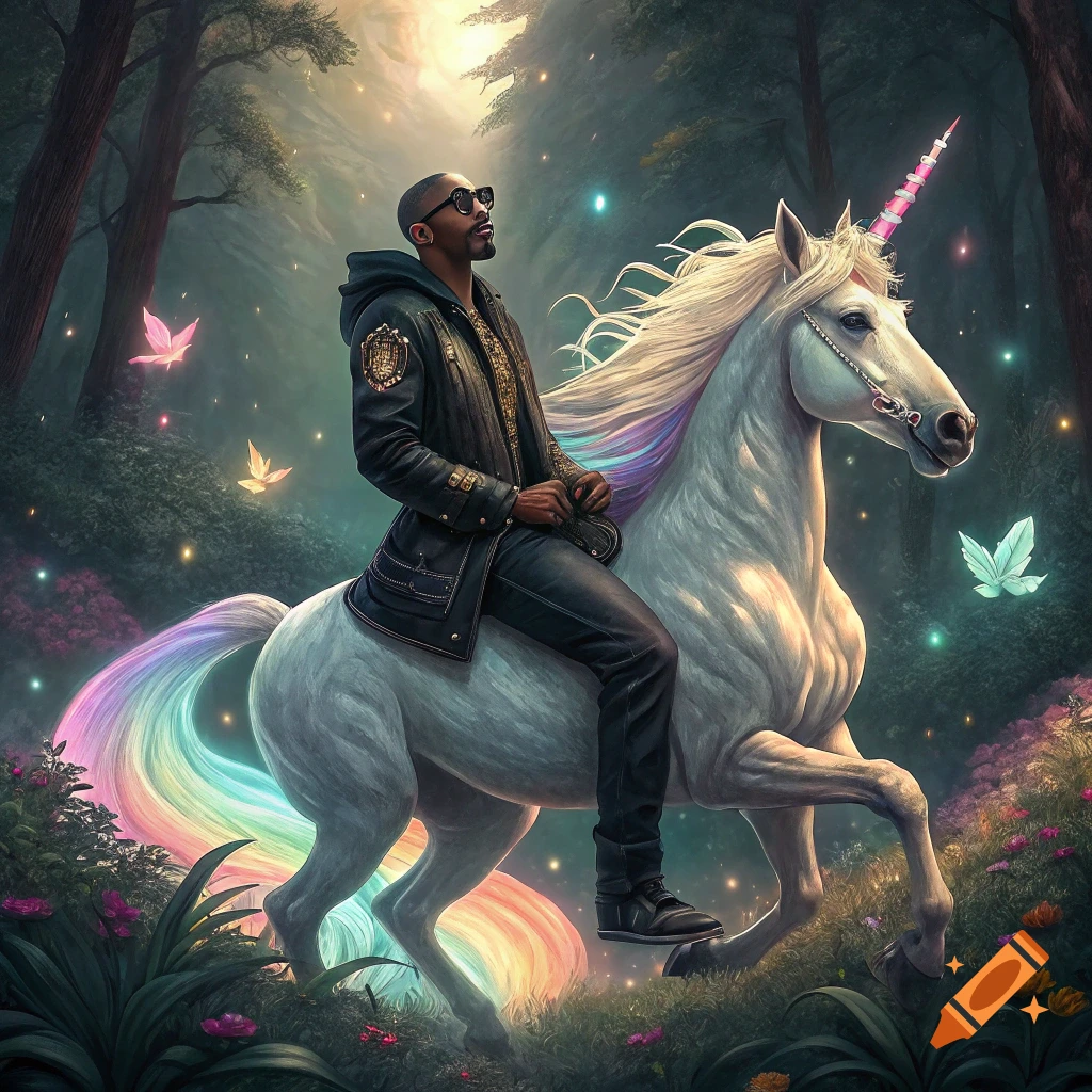 A man rides a white unicorn with a rainbow tail through a magical forest.