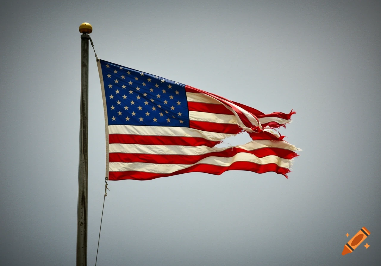 A tattered American flag flies halfway down a flagpole against a gray sky.