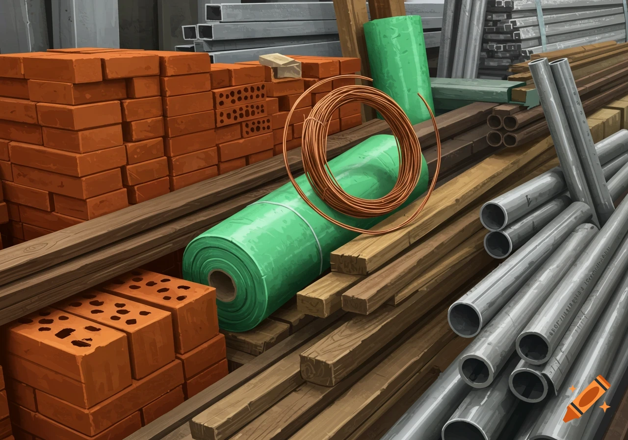 Close-up view of a pile of construction materials including bricks, wood, pipes, wire, and plastic sheeting in an illustration style.