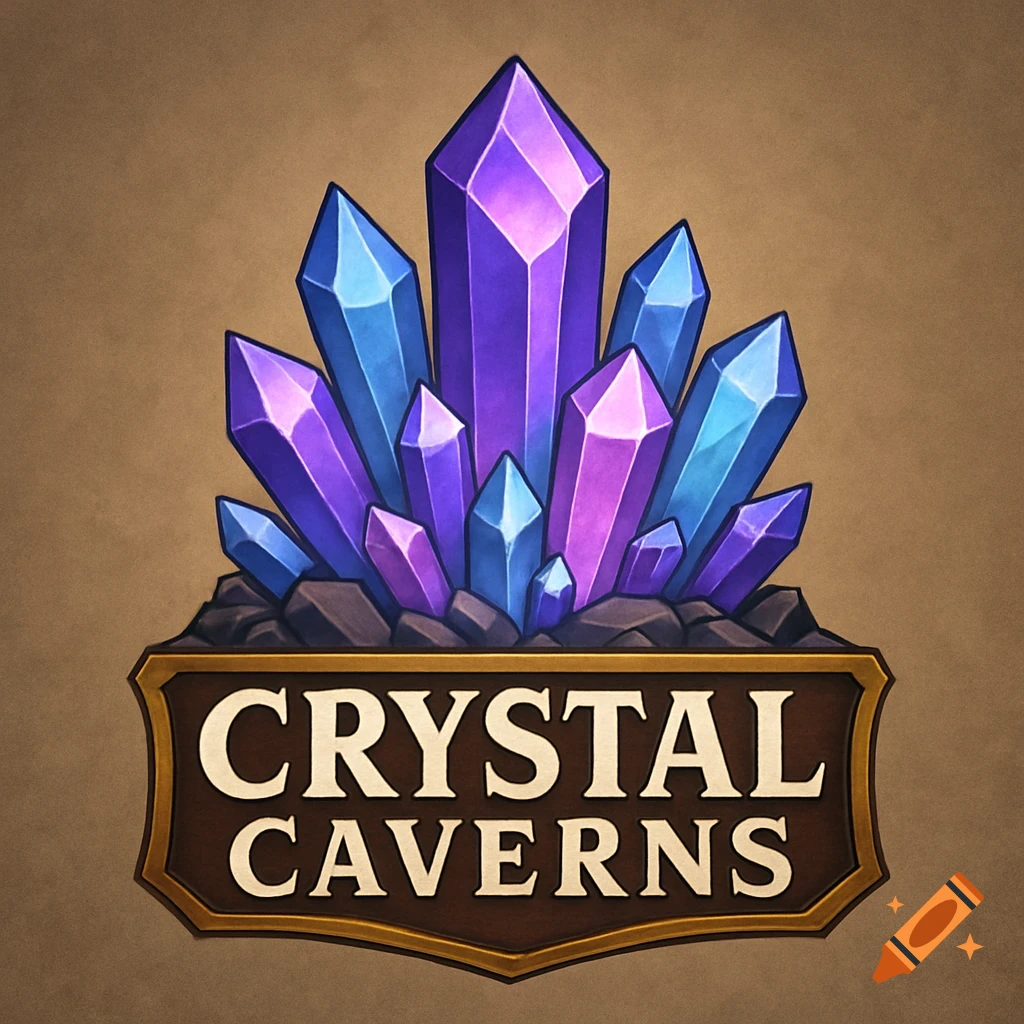 A logo design featuring a cluster of stylized purple and blue crystals on a rocky base above a sign that reads "CRYSTAL CAVERNS" on a brown background.