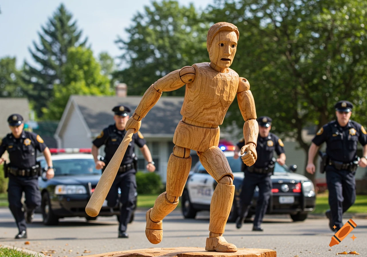 A wooden mannequin holding a baseball bat runs down a street away from chasing police officers with patrol cars behind them.