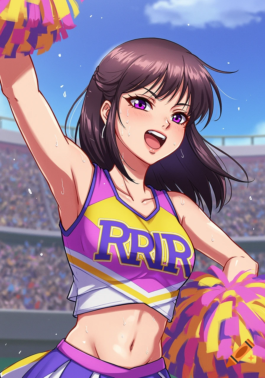 Anime style cheerleader in a purple and yellow uniform with pompoms, sweating in a stadium.