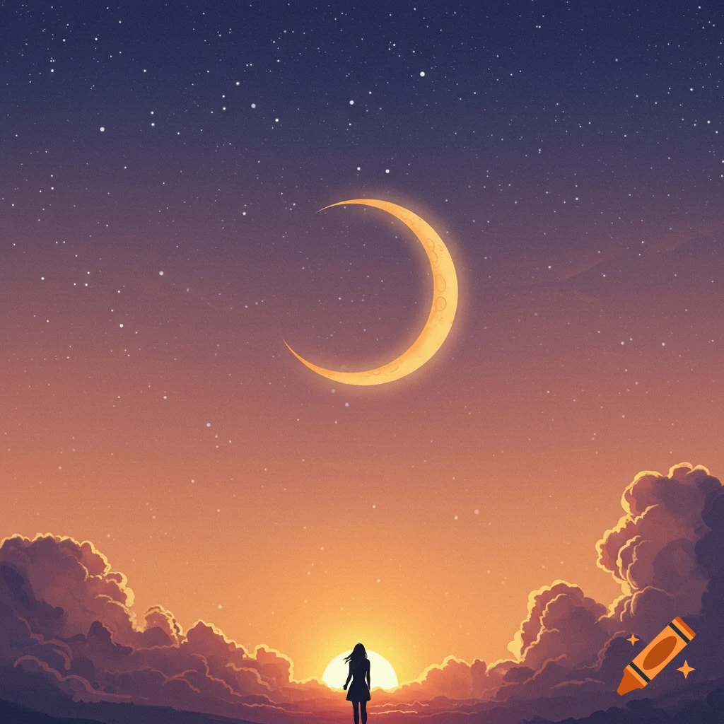 Silhouette of a person watching a sunset and large crescent moon under a starry sky, artistic illustration.