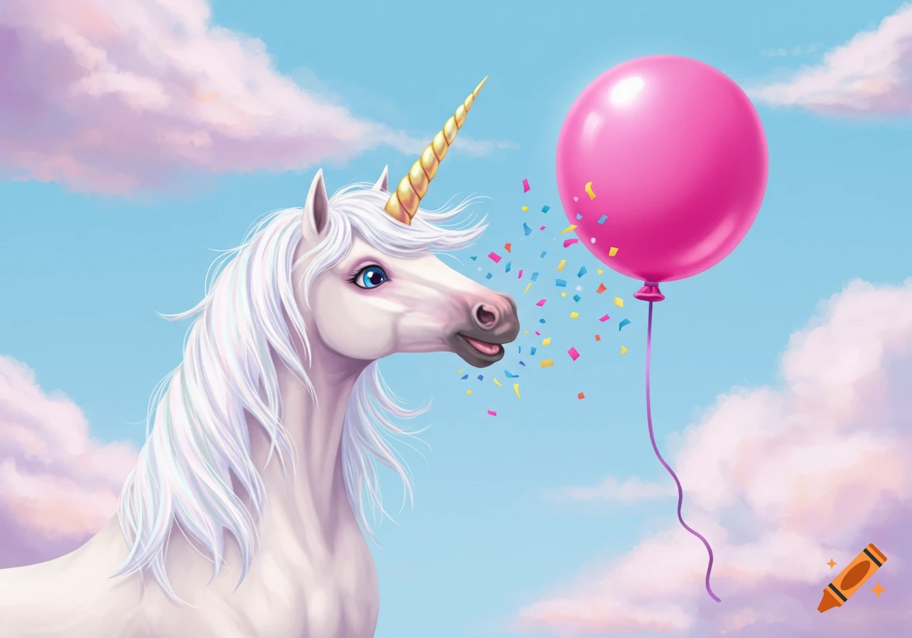 Illustration of a unicorn next to a pink balloon with confetti floating between them, against a cloudy sky.