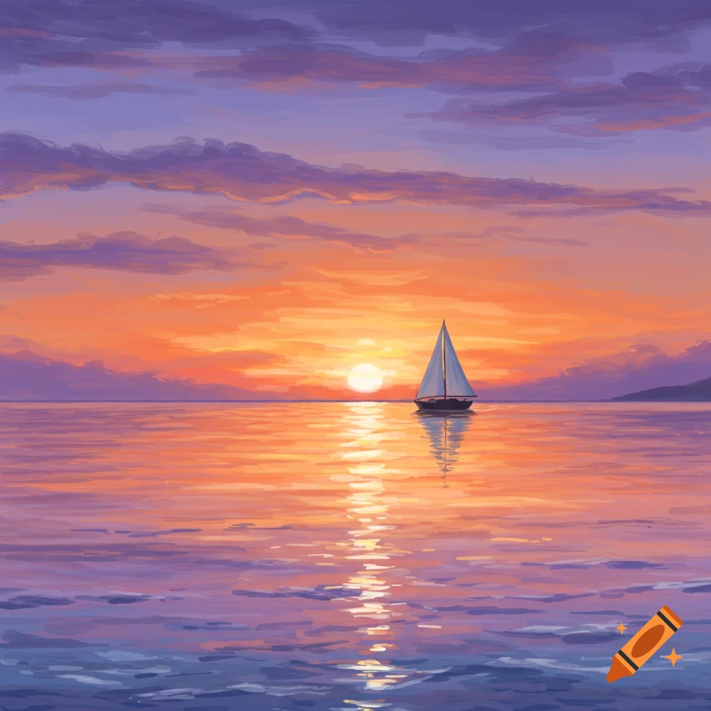 Sailboat on water at sunset in a painting style.