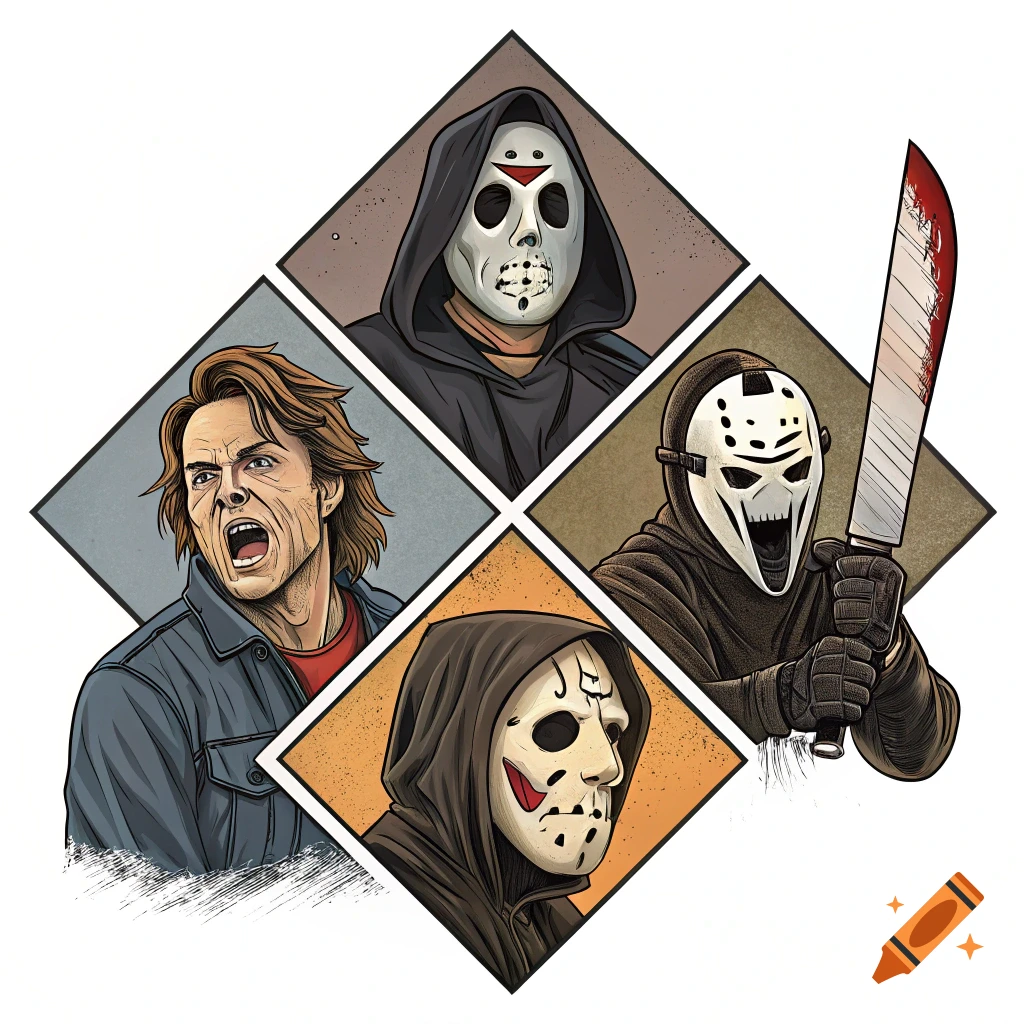 Four stylized illustrations in diamond panels: a screaming man and three figures wearing horror masks, one holding a machete.