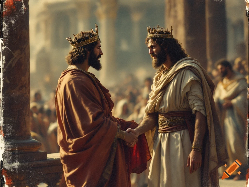 Two robed men shake hands in ancient setting with crowd, vintage photo style.
