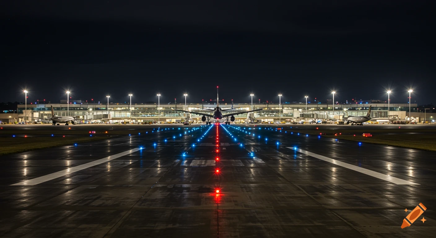 View down an airport runway at night with lights reflecting on the wet ground, towards a terminal building and parked airplanes.