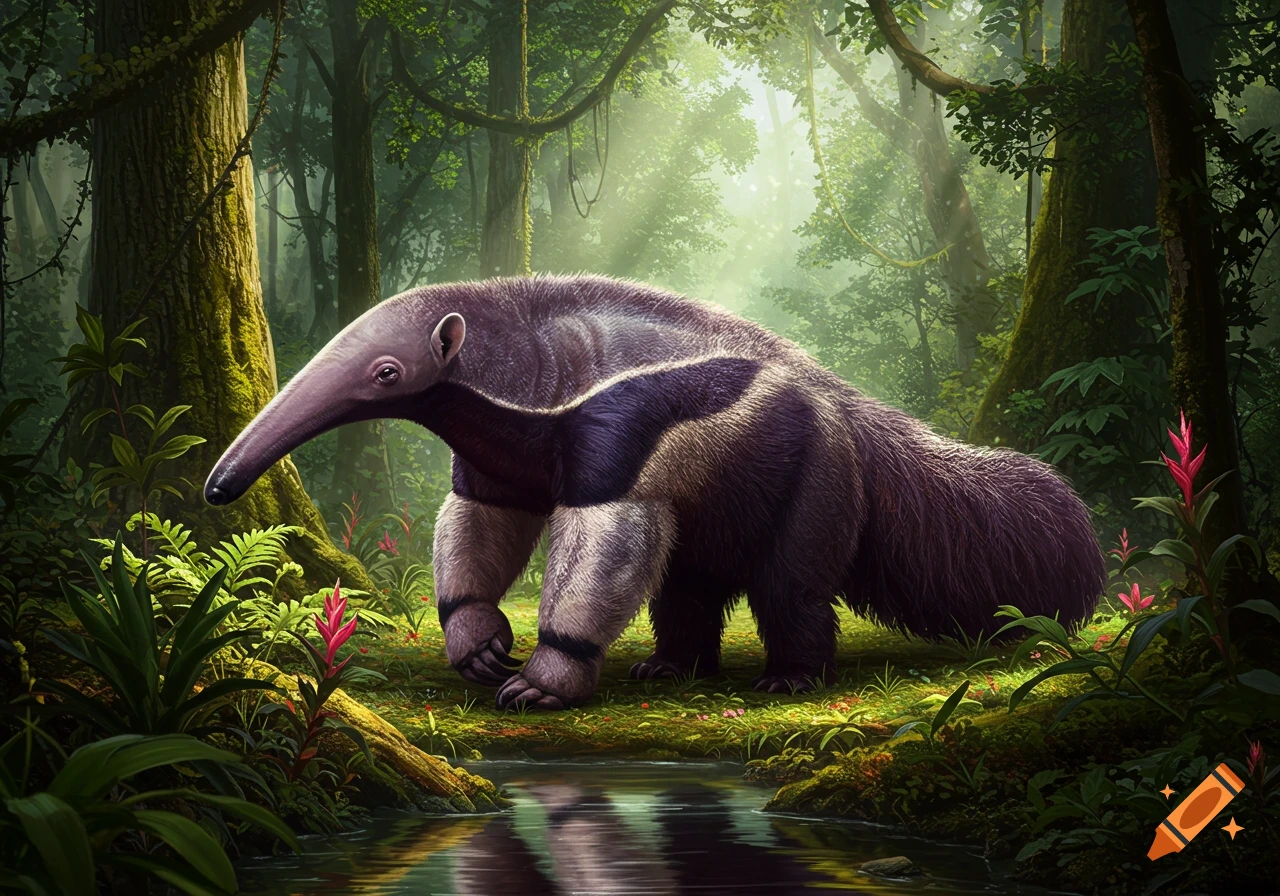 A giant anteater walks through a lush, sunlit rainforest.