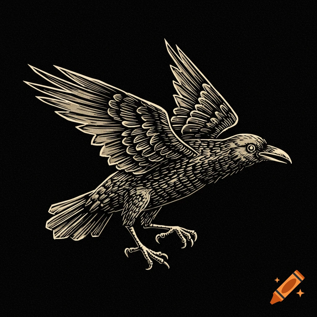 A woodcut illustration of a crow or raven in flight against a black background.