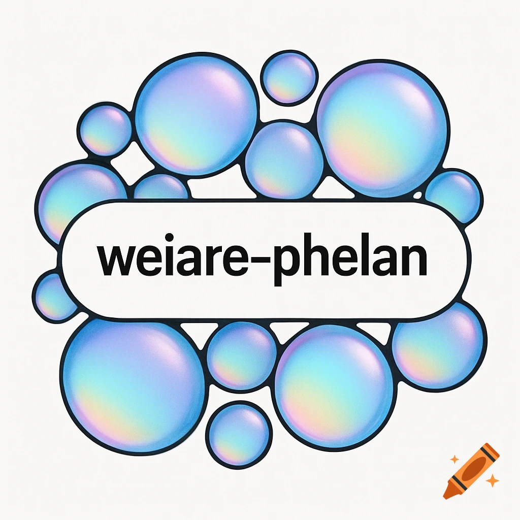 Graphic design of iridescent bubbles surrounding a horizontal capsule shape containing the text 'weiare-phelan'.