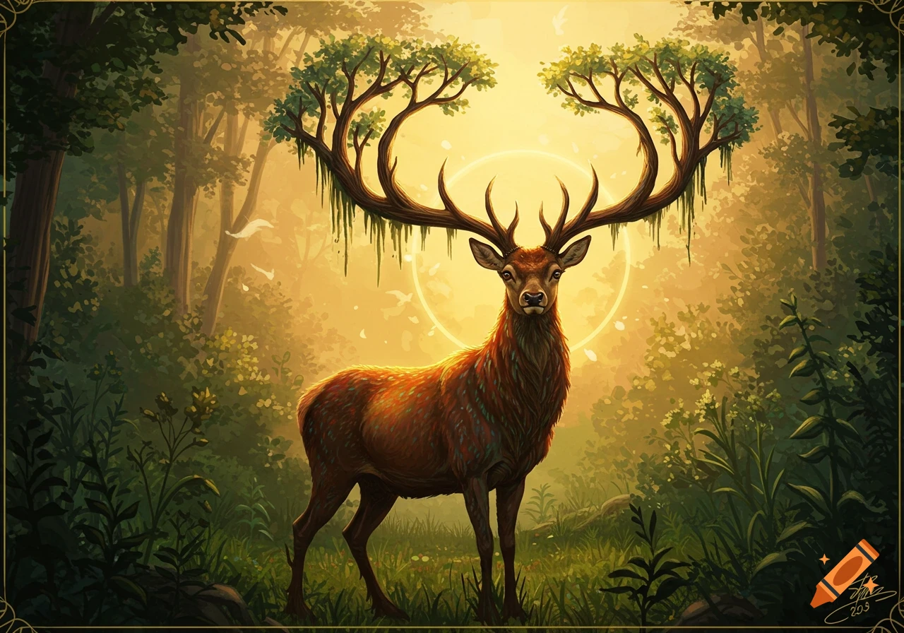 A fantasy creature resembling a deer with antlers shaped like trees stands in a sunlit forest.