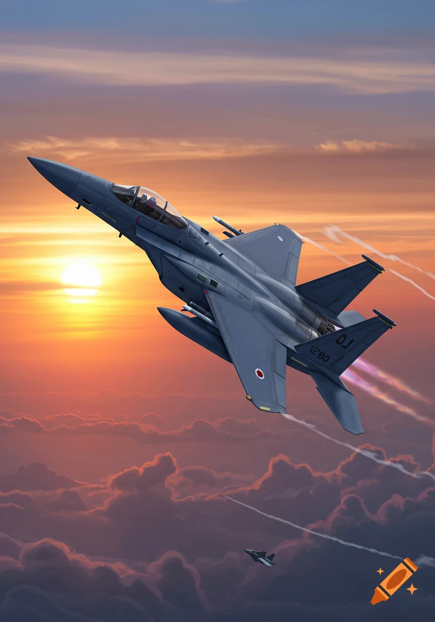 F-15J fighter jet flying above clouds during sunset