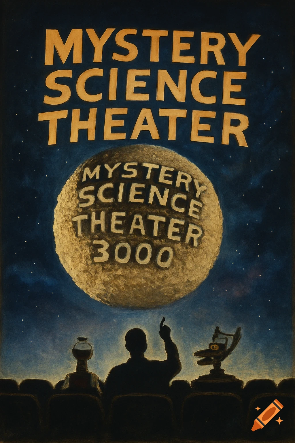 A movie poster parody shows the title 'Mystery Science Theater' above a moon with 'Mystery Science Theater 3000' and silhouettes watching below.