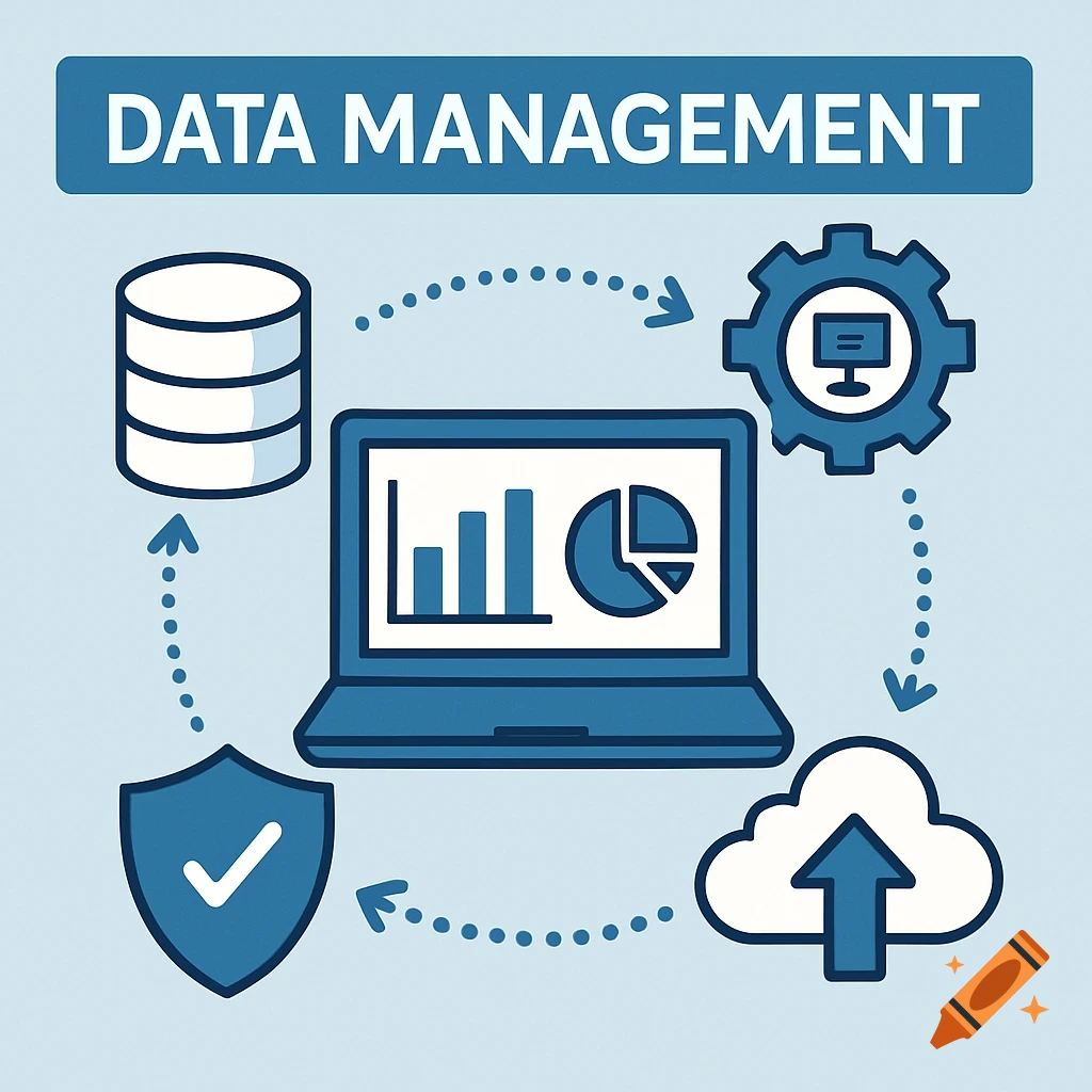 Illustration of data management flow with icons for database, laptop, gear, shield, cloud, and text 'DATA MANAGEMENT'.