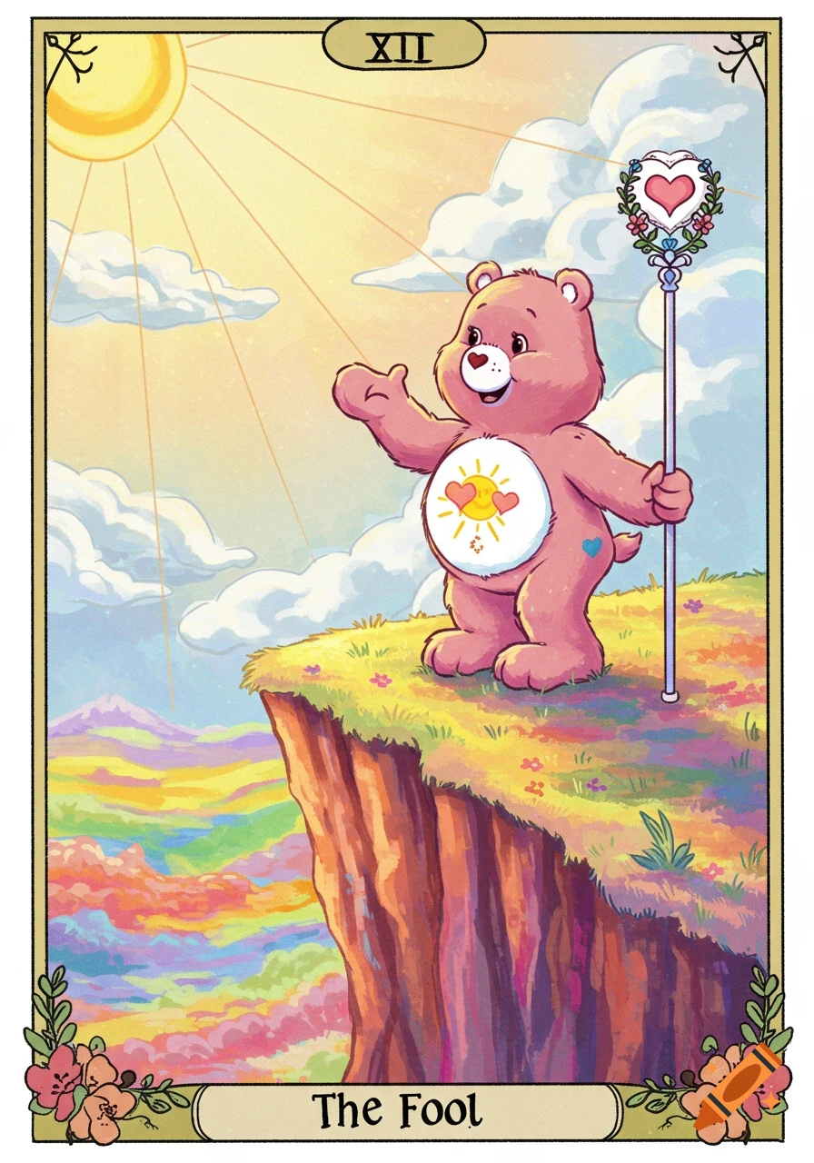 A pink Care Bear stands on a cliff edge, holding a staff in a tarot card design titled 'The Fool'.